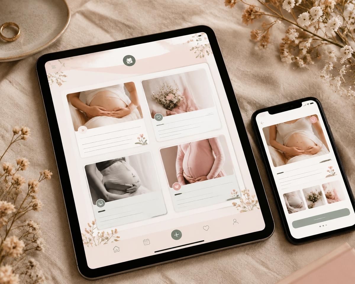 Illustrative preview of the Bloom Pregnancy Journal showing weekly memory cards with bump photos